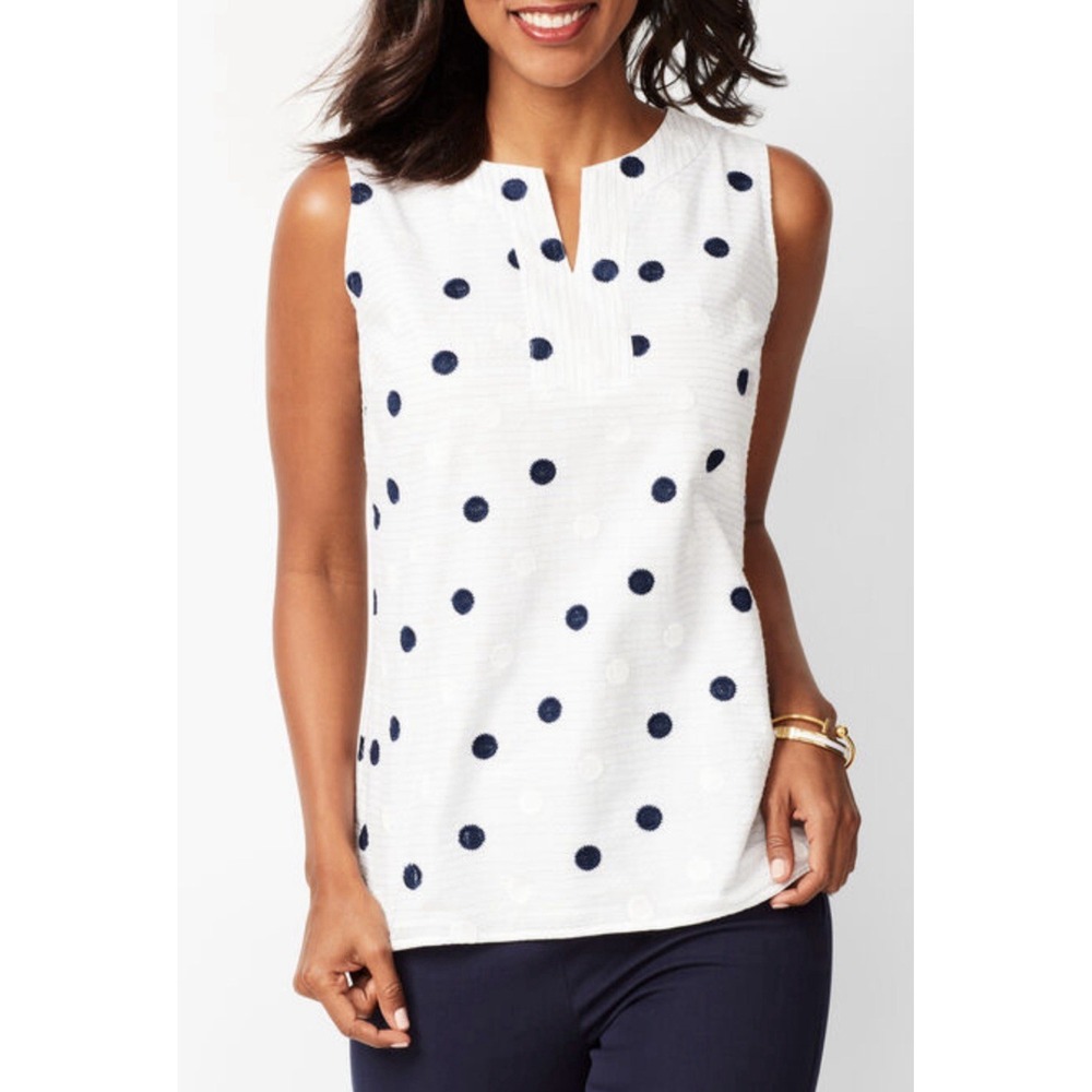 Talbots Womans Blouse Top White‎ Sz-Small/P Polka Dot Sleeveless Cotton V Neck